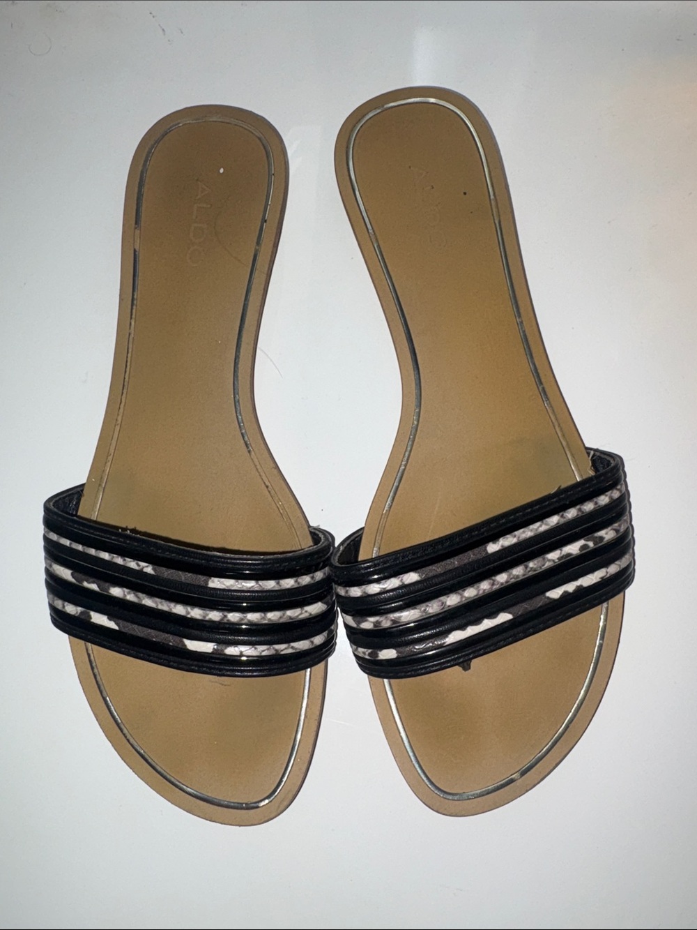 ALDO Black and White Braided-Trim Slide Sandals